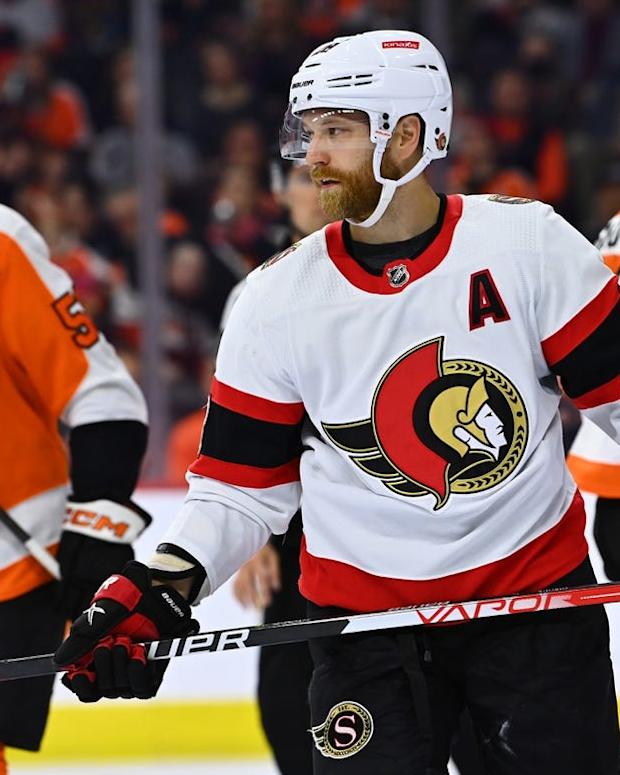 Nov 12, 2022; Philadelphia, Pennsylvania, USA; Ottawa Senators center Claude Giroux (28) looks on against the Philadelphia Flyers in the first period at Wells Fargo Center. Mandatory Credit: Kyle Ross-USA TODAY Sports